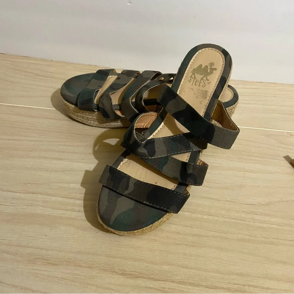 Y2K Camel Toes Camouflage Platform Sandals Burlap Boho Espadrille Wedges Size 9